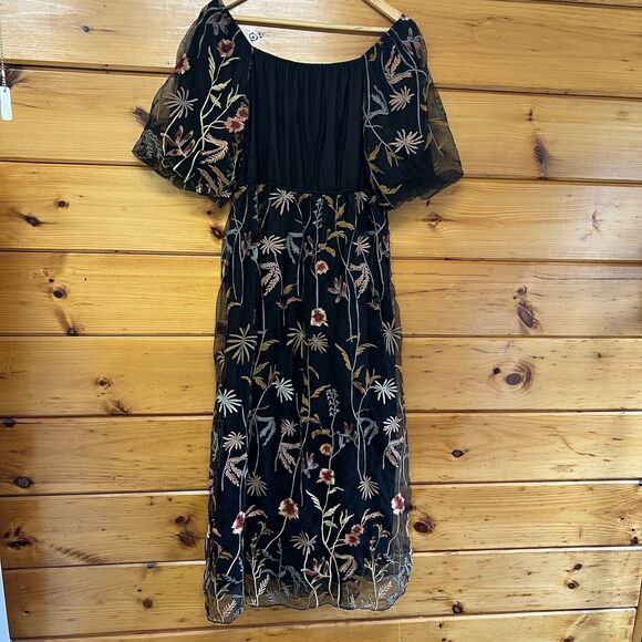 NWT!-POLAGRAM-XL-Piper & Scoot-Woman’s Dress-Floral Embroidery-Puff Sleeve Black - Picture 7 of 7
